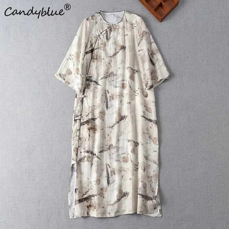 

Dress Female Summer New Stamp Button Seven Quarter Sleeve Chinese Loose Casual A-line Skirt 2023 Women's Spring Fashion Dresses