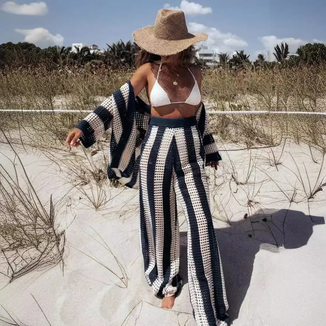 Customizable V-neck hollow striped shirt loose knit wide leg pants set WTZ410120 3