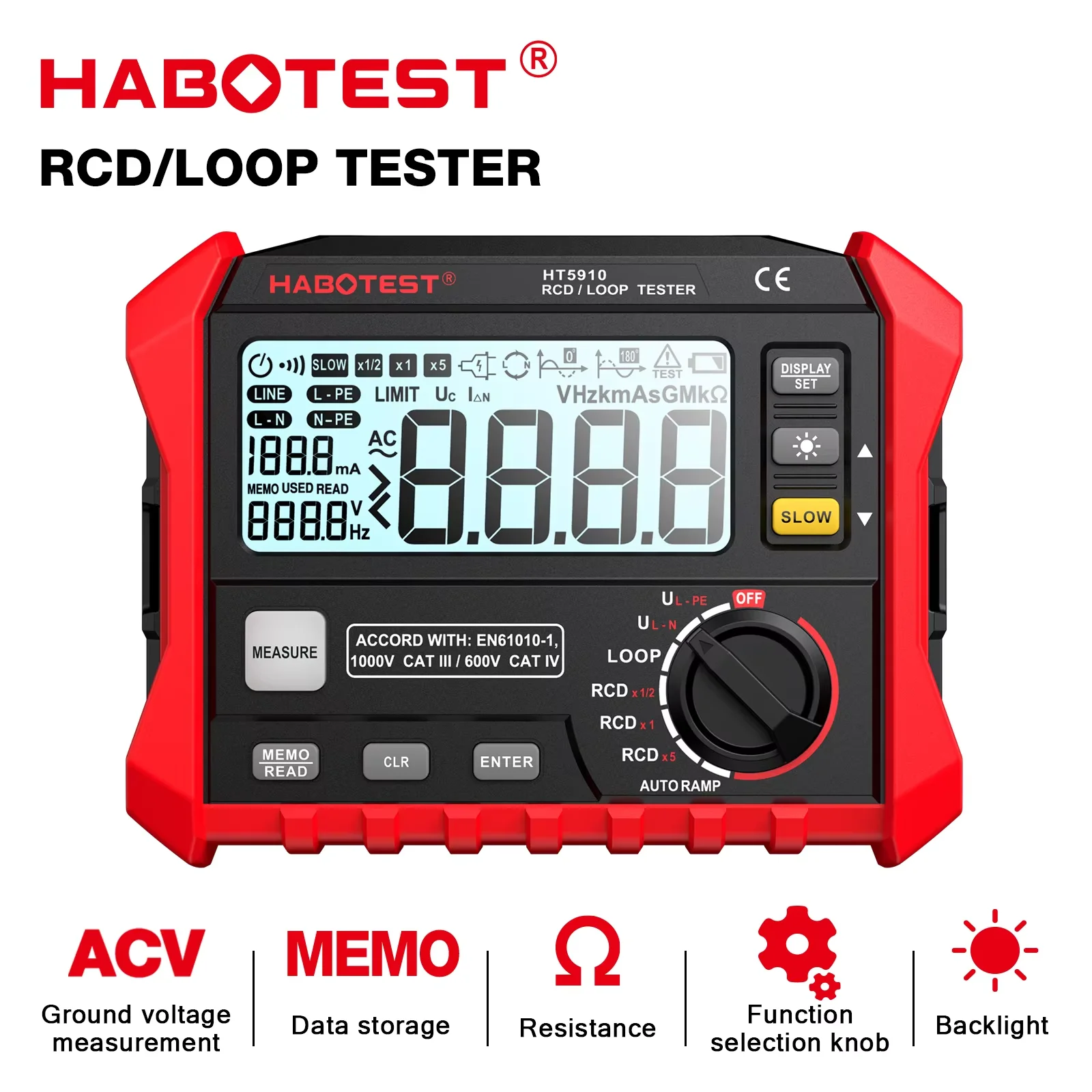 HT5910 Resistance Meter Leakage Switch Tester 4.7inch LCD Digital RCD/Loop Tester 1000 Data Storage Voltmeter Electrician