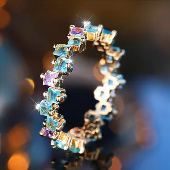 Cute Female Blue Purple Zircon Stone Square Engagement Ring Gold Color Wedding Jewelry For Women
