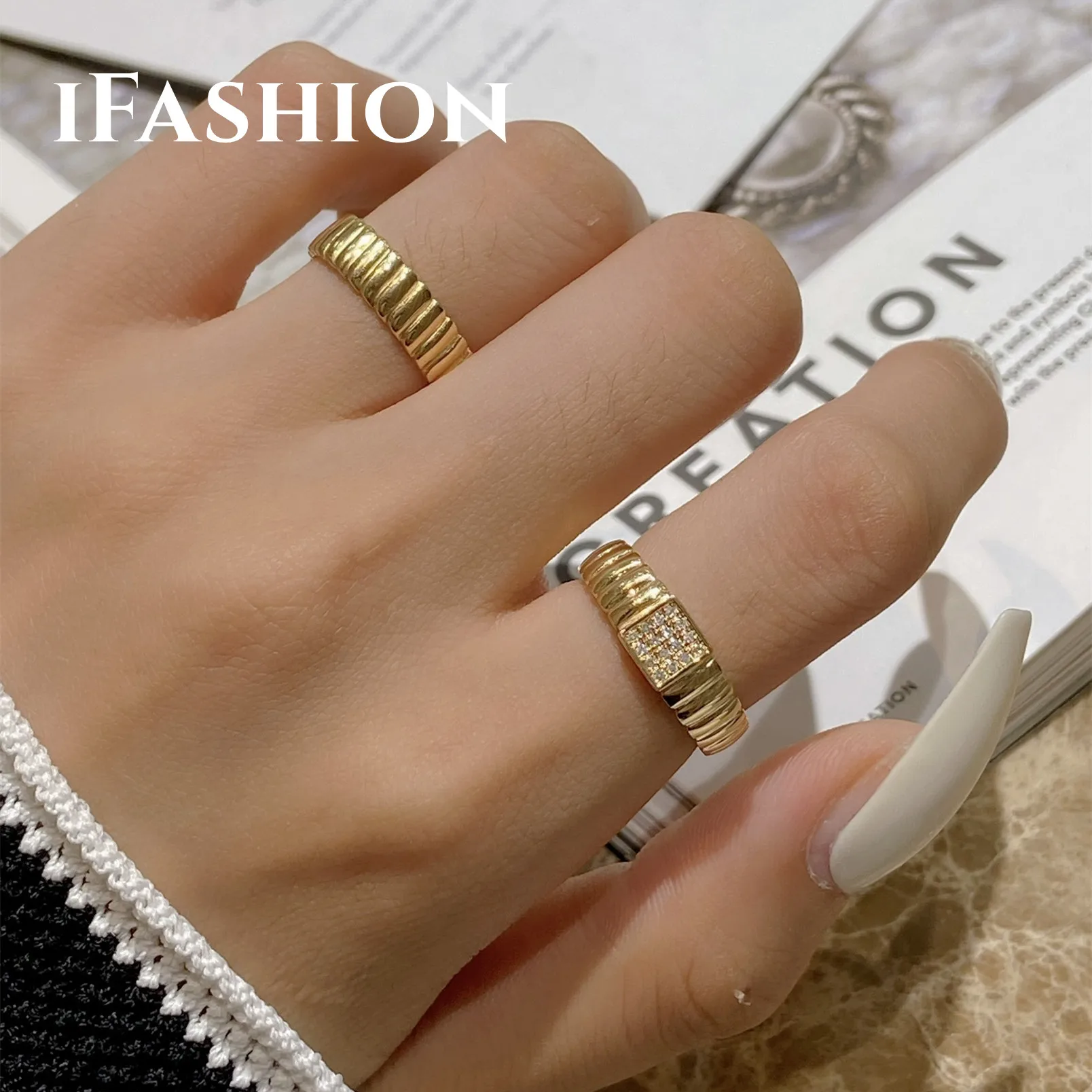 Ifashon Trendy Diamond Open Tide Ring Plain Gold Ring18K Solid Yellow Gold (Au750)Women Party Wedding Fine Personalizza Gioielli