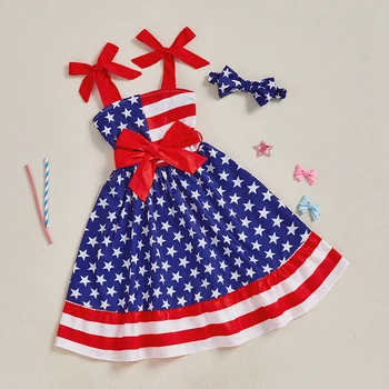 Girls Fourth of July Outfits American Flag Print Ruffle Sleeveless Dress with Matching Headband for Independence Day 2