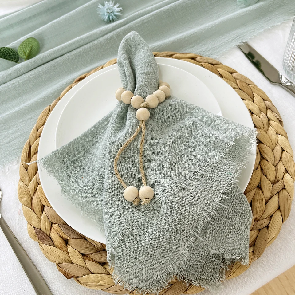 YUWEN 50pcs Gaze Coton Vert Sauge Serviette Torchon Fête De Mariage Décor De Table De Noël Rétro Bavures Serviettes 42x42cm