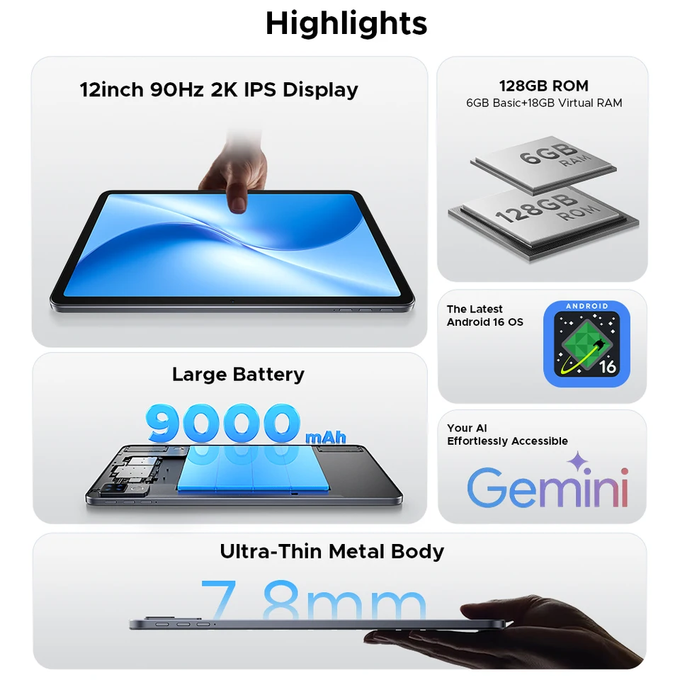 DOOGEE U12 Tablet PC Android 16 Gemini AI 12'' FHD+ Screen 24GB