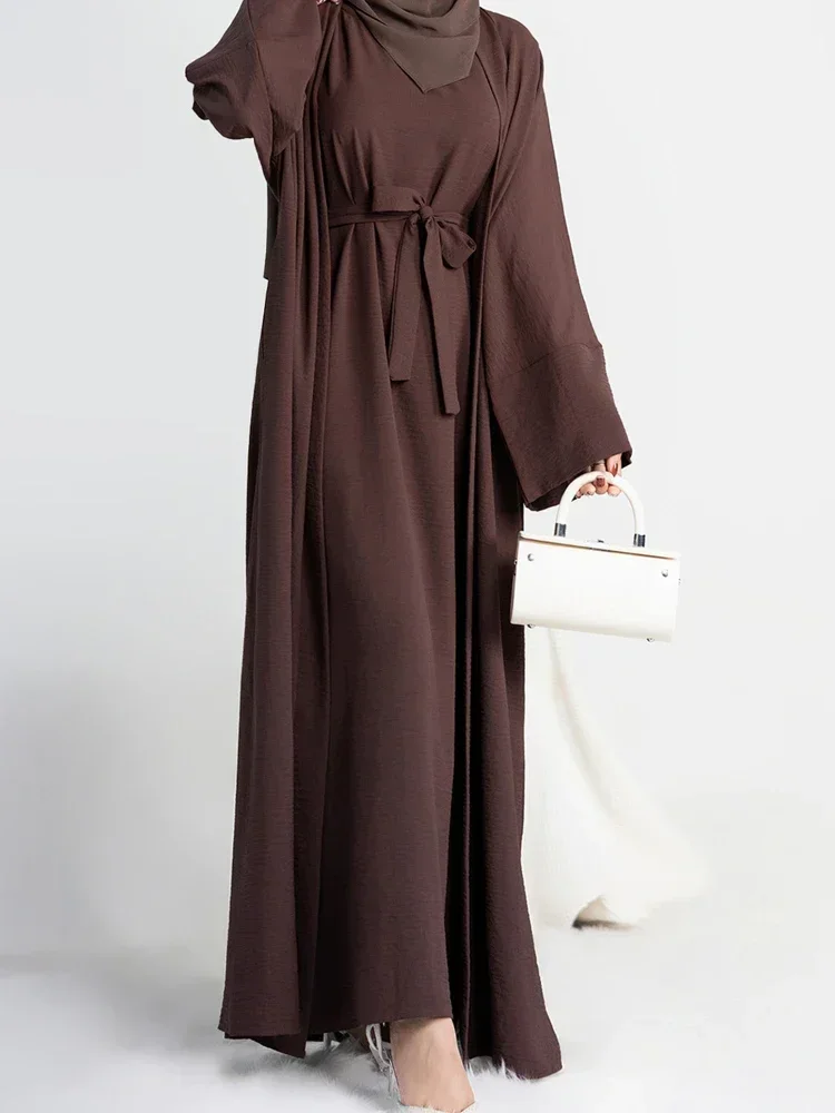 Muslim Woman Set 2 Pieces Open Abaya + Sleeveless Inner Hijab Dress Matching Outfit Suit Dubai Turkey Kimono Islamic Clothing