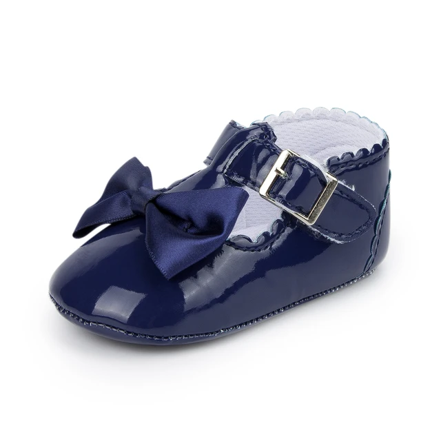 Newborn Baby Shoes Baby Boy Girl Shoes Girl Classic Bowknot Rubber Sole Anti-slip PU Dress Shoes First Walker Toddler Crib Shoes Blue3