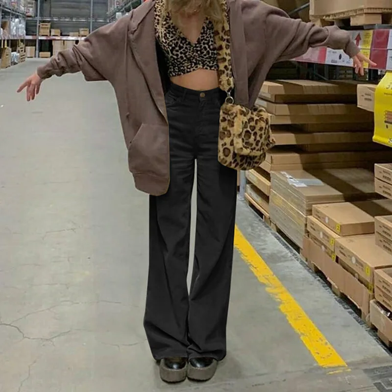 Retro Women Jeans Brown Wide Leg Pants Corduroy Baggy 90s Women's Solid high waist Street Style trousers Comfortable Jeans chino pants