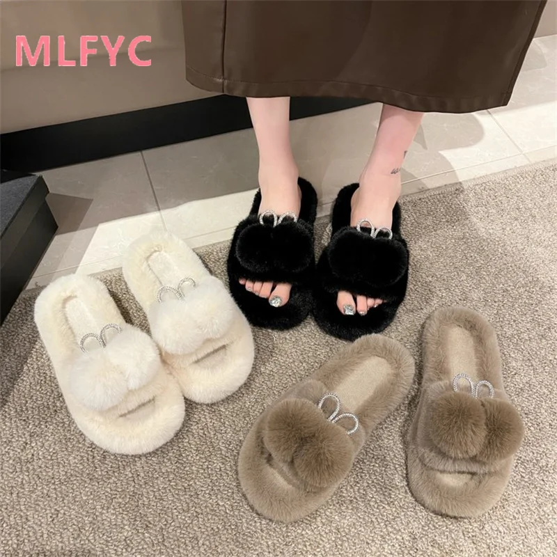 Online Red Plush Slippers for Women's Autumn and Winter 2023 New Water Diamond Warm Cotton Slippers Fashion Slippers