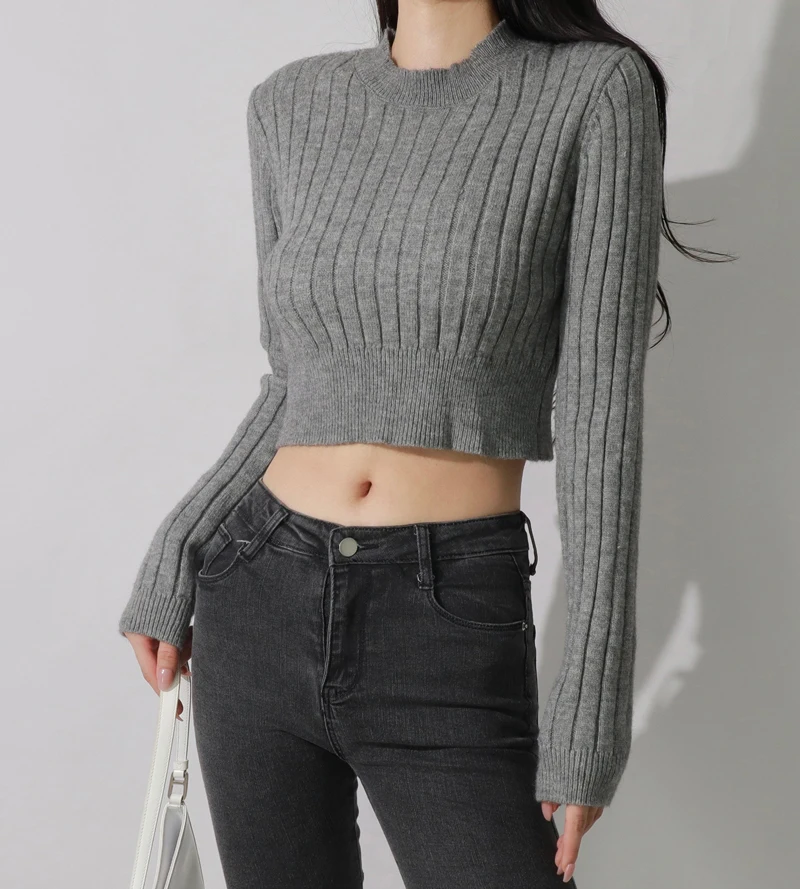 Women White Basic Style Crop Thick Knit Cropped Jumper