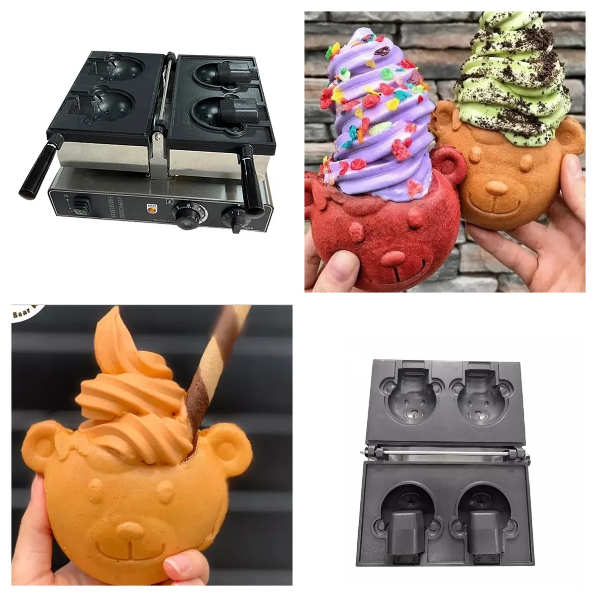 

110V 220V Electric Commercial Open Mouth Bear Taiyaki Ice Cream Waffle Maker Nonstick Coating Bears Cake Waffles Snack Machine