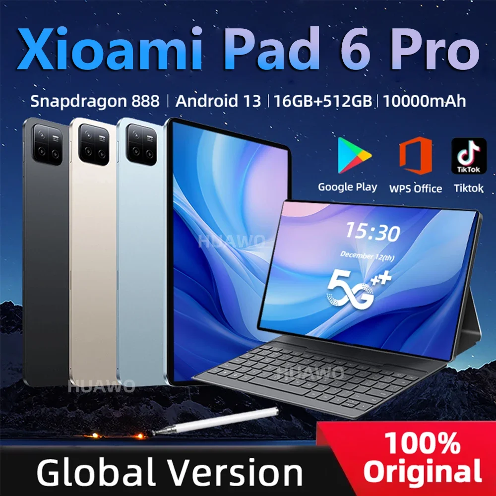 2024 글로벌 버전 태블릿 패드 6 프로, 안드로이드 13, 스냅드래곤 888, 10000mAh, 16GB RAM, 512GB ROM, 5G SIM 카드, HD 4K 화면, 와이파이 미 탭