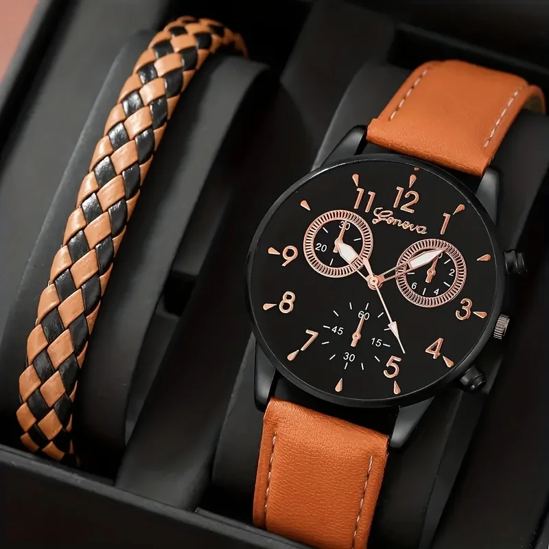 

1 шт. Мужские кварцевые часы с круглым указателем и 1 браслет, набор мужских часов, идеальный выбор для подарка