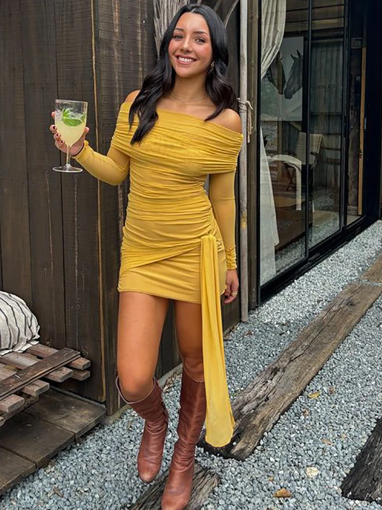 JULISSA MO Sexy Off Shoulder Bandage Women Dress Long Sleeve High Waist Ruched Dress Female Summer Skinny Elegant Prty Clubwear