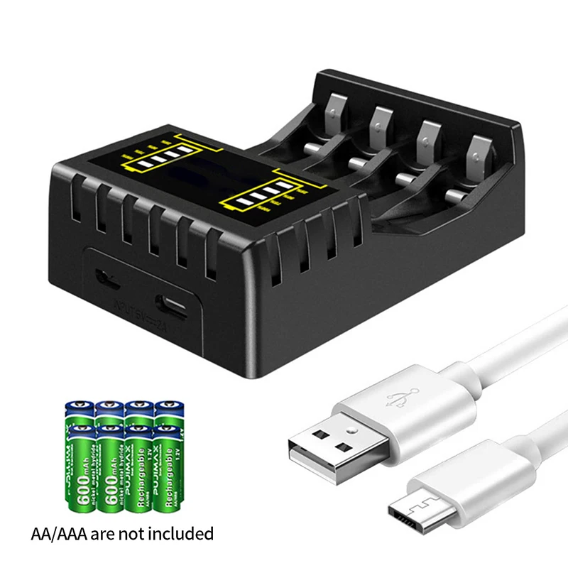 Battery Charger 4 Slot Intelligent Fast Charge Indicator For 1.2V NiMH NiCd AAA/AA Rechargeable Batteries USB C Micro Jack