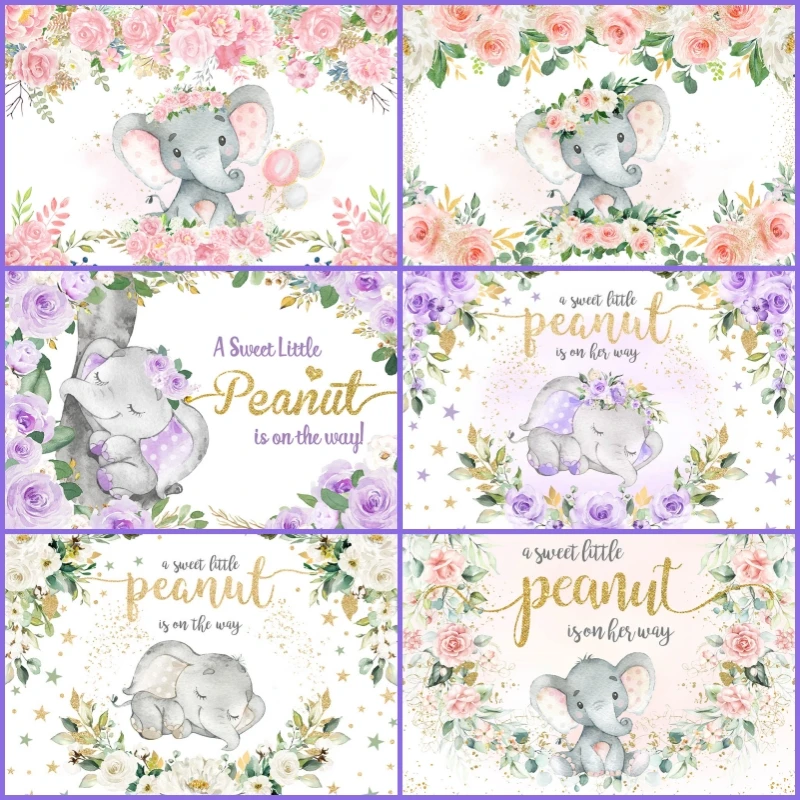

Children's 1st Cake Smash Backdrops Elephant Blossom Gold Dots Boys and Girls' Birthday Background Photo Shooting First Newborn