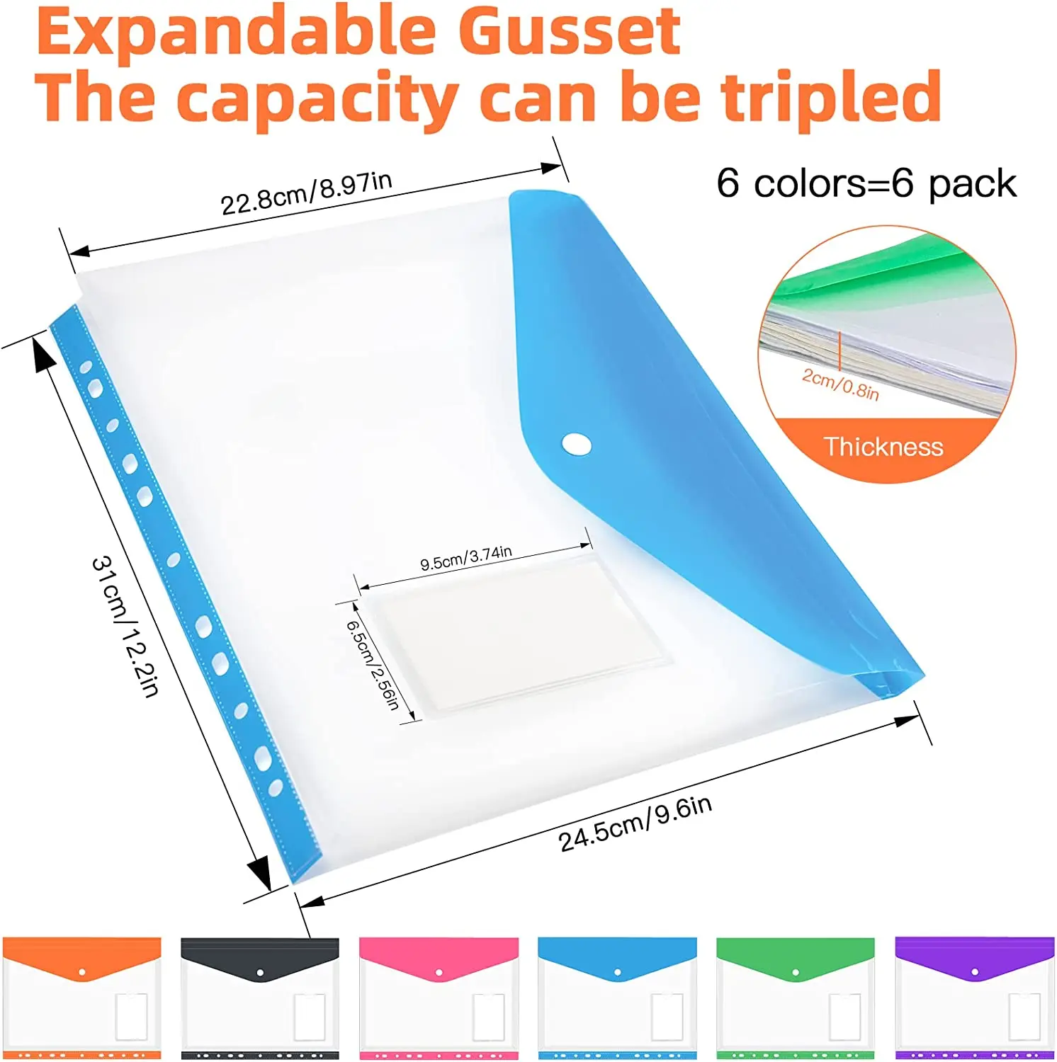 Plastic File Bag A4 Size Large Plastic File Folders Wallets Colorful Document File Envelope Bags for School Office Home Holds 200 Plus A4 Sheets