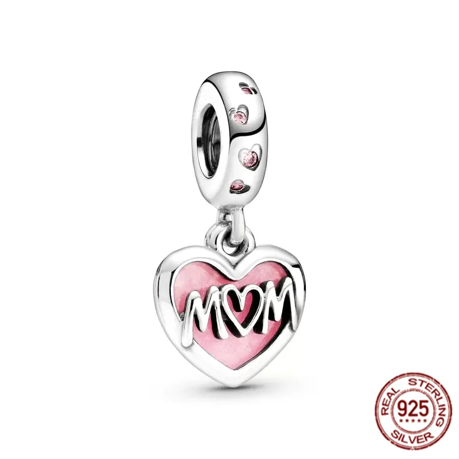 925 Sterling Silver Mom Letters Heart Double Dangle Charm Bead Fit Original Pandora Bracelet Fashion Jewelry Gift For Women