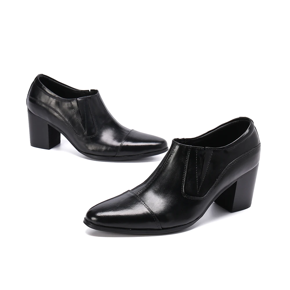 Men's pointed high heels 8cm tall, black and white soft cowhide handmade casual British shoes
