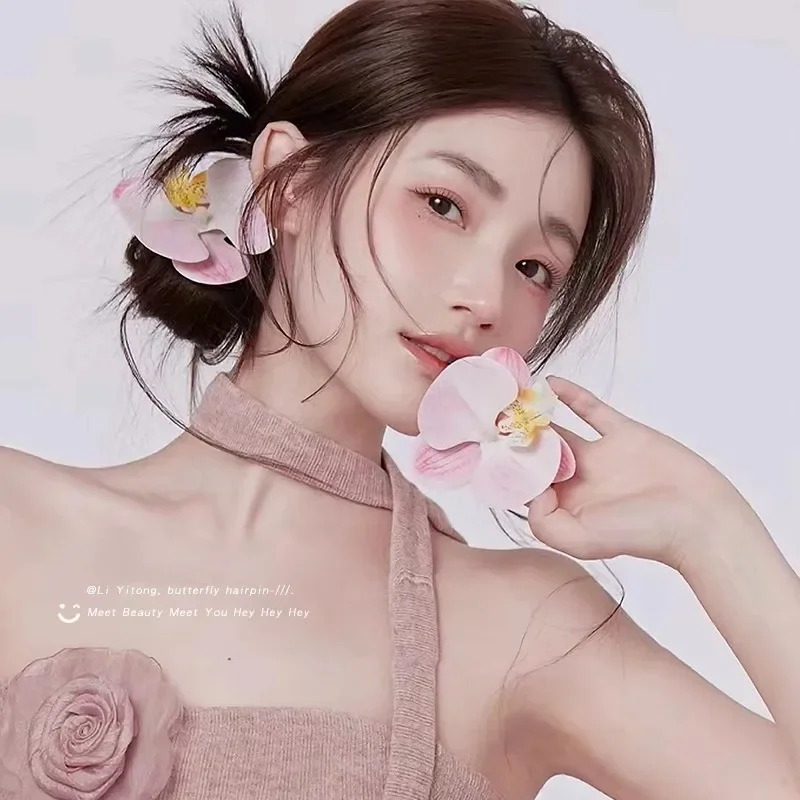 Dolce rosa fiore di orchidea fermaglio per capelli copricapo coreano fiore di perla hairgrip mollette ornamento accessori per capelli da sposa della Boemia - immagine 4