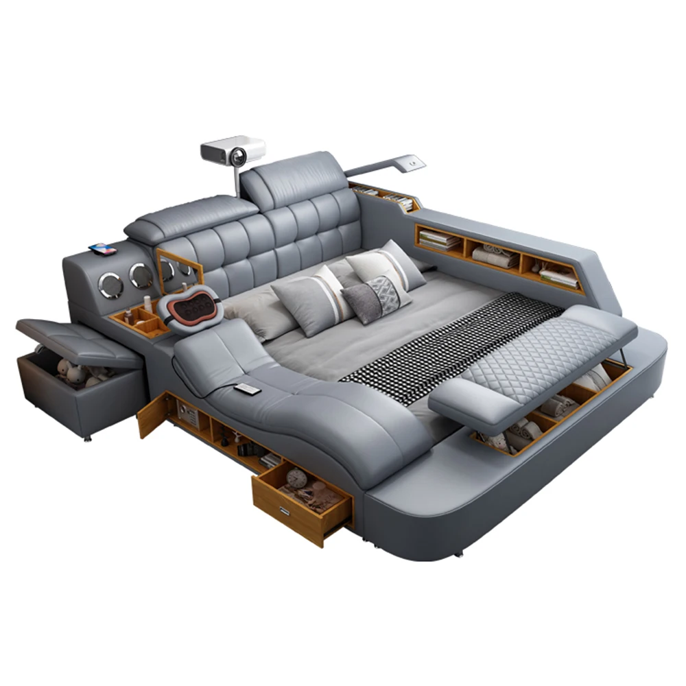 เตียงหนังแท้ขนาดคิงไซส์สุดหรู MINGDIBAO / เตียงอัจฉริยะ / เตียงอเนกประสงค์สุดยอด / เตียงนวดพร้อมพอร์ต USB และโปรเจคเตอร์ 1