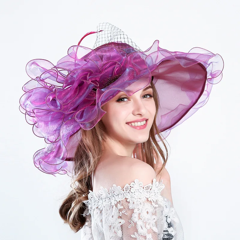

New Fashion Summer Organza Kentucky Sun Hats For Women Elegant `Flower Wide Large Brim Church Wedding Dresses Fascinator Hat