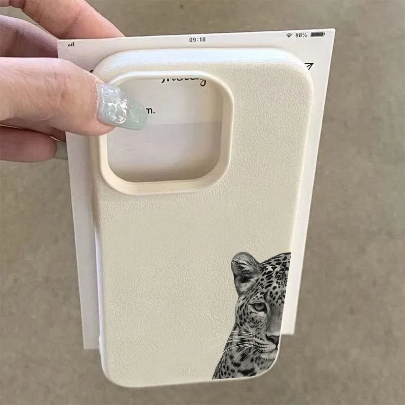 Elegant Black Cheetah Lychee-Textured Soft Phone Case