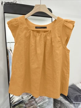 2025 Summer Solid Tanks Tops ZANZEA Women Sleeveless Blouse Stylish Loose Holiday Shirt Casual O Neck Cotton Camis Pleated Tees
