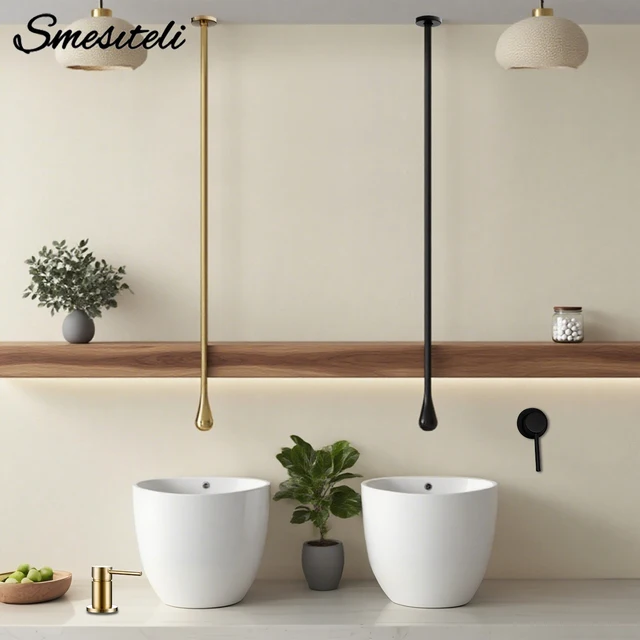 อ่างล้างหน้าแบบฝังฝ้าเพดานพร้อมก๊อกน้ำแบบหยดน้ำ ทำจากทองแดงทั้งชิ้น ใช้ได้ทั้งน้ำร้อนและน้ำเย็น เหมาะสำหรับห้องครัวและห้องน้ำ 1