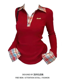 Preppy Polo Neck Plaid Long sleeve T shirt Women Fake Two-piece Basic Top V neck Button Blouses Tees Embroidery High-quality 1