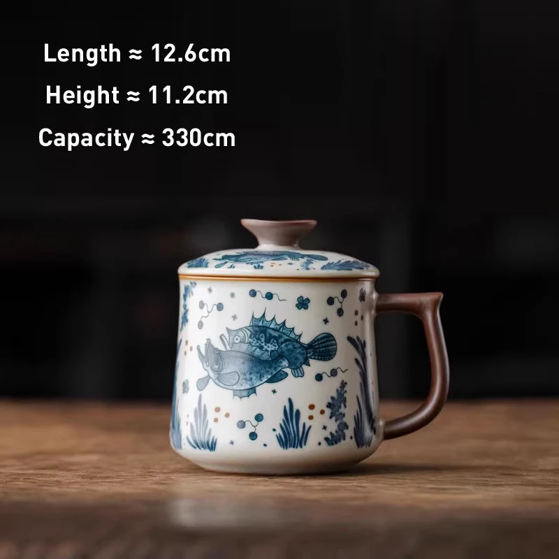 Chinese Style Ceramic Hand Drawn Flower Patterns Tea Mugs, Home Personal Creative With Cover, Milk Water Coffee Cup, 330 ml, 1Pc