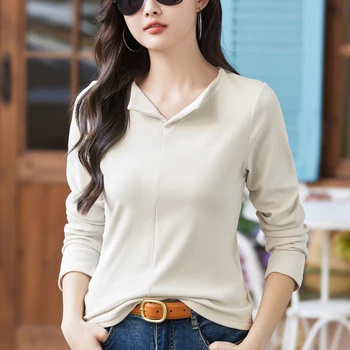 جديد تنوعا سميكة الدافئة القمم الخريف الشتاء عادية سليم تي شيرت المرأة موضة بدوره إلى أسفل طوق بلون كم طويل تي شيرت 2