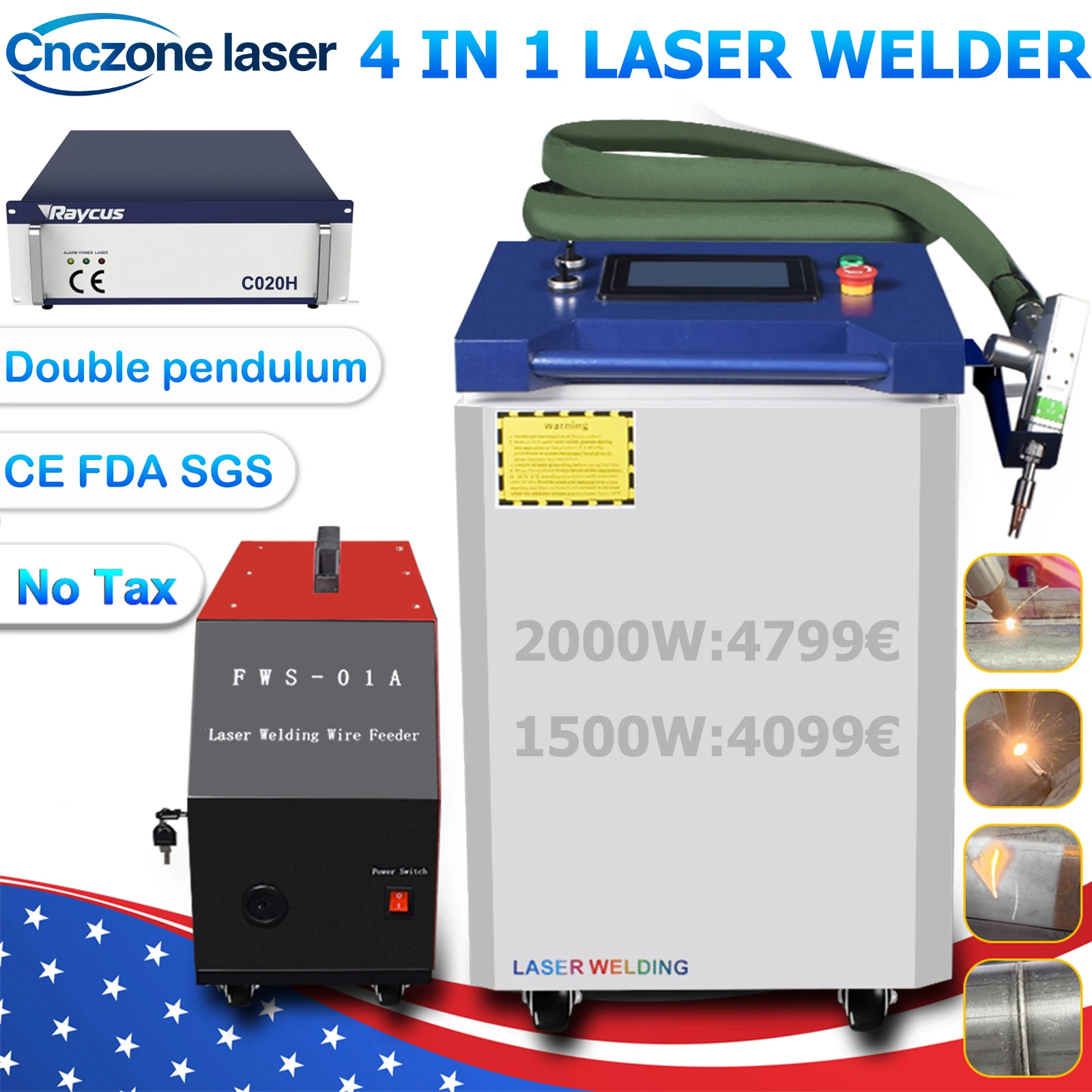2000W Raycus Laser Welder Fiber Laser Welder 1500W 4-IN-1 Relfar Wobble Head for Metal Weldings Cleaning Cutting