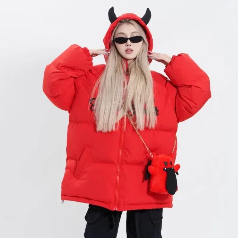 【slash youth】RED DEVIL CAMO DOWN JACKET Devil Slash Youth Puffer Hoodie | Devil Horned Y2k Jacket