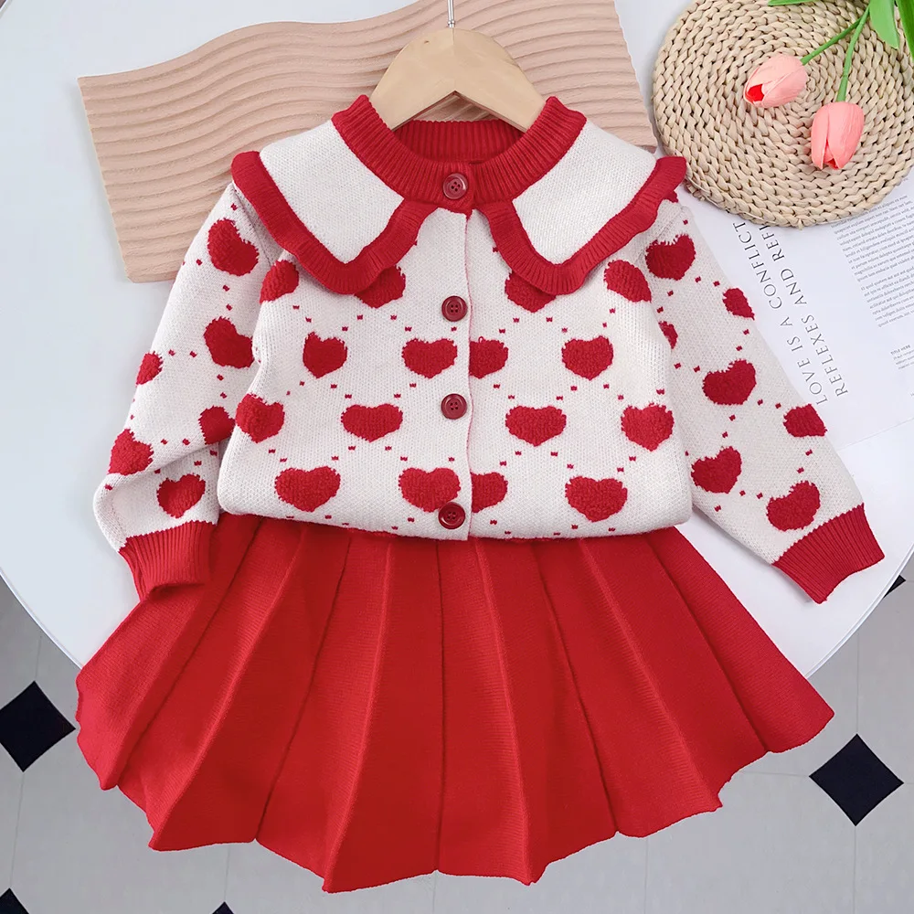 

New girl Cardigan top Pleated skirt 2pc/lot girls baby children autumn spring fashion clothes sweater heart students 2-7y 90-130