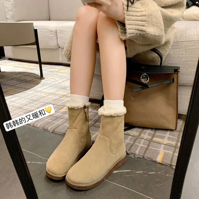 

Winter New Cow Suede Snow Boots Women's Leather Round Toe Side Zipper Non Slip Short Boots Stuffed Cotton Boots Warm Ankle Boots