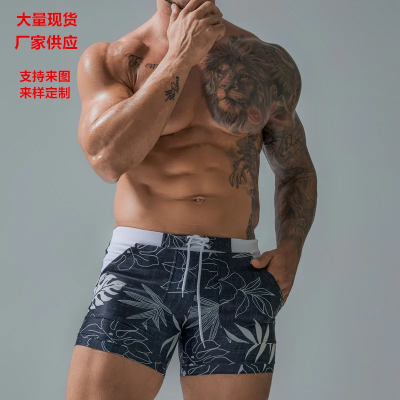 Swim Trunks Sexy mens shorts swimming men's printed swimsuit strap male swimwear plus size swimsuit beach swim shorts men belt lining surf