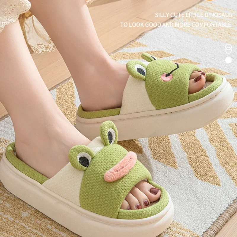 Cute Cartoon Frog Home Linen Platform Slippers for Four Seasons Indoor Green Anti Slip Thick Sole Wear-resistant Cool Slippers