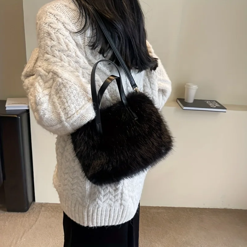 Faux Synthetic Leather Handbag, Fluffy Tote Crossbody Bag for Daily Use, Parties, Purses and Handbags for Women Plush Tote Bag