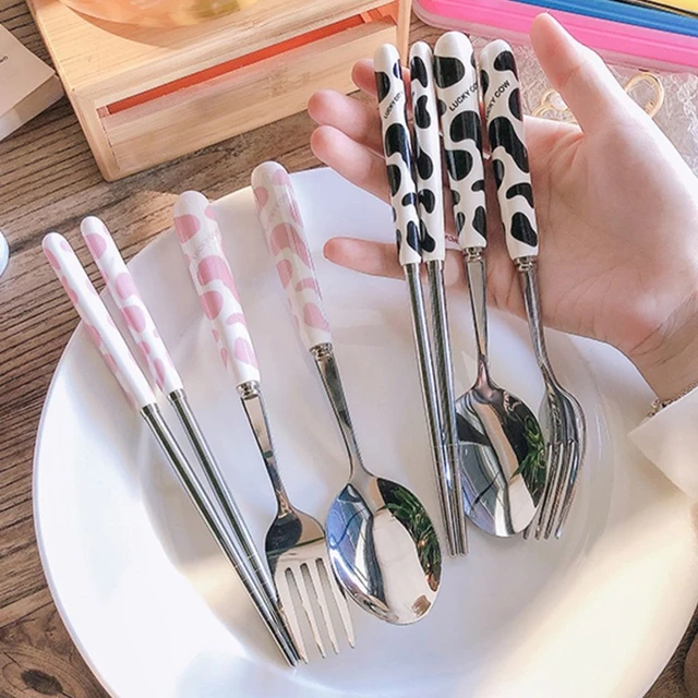 Cute Strawberry Korean Chopsticks Spoon Fork Cutlery Set Stainless Steel  Travel Tableware With Case Portable Kitchen Utensils - AliExpress