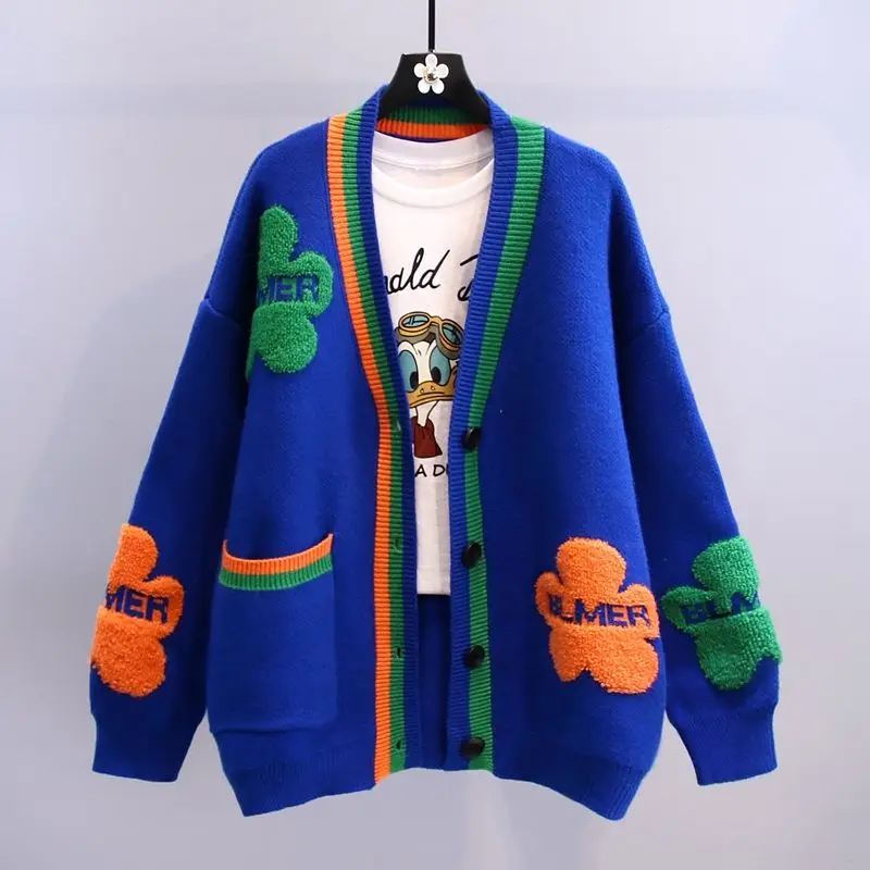 

Fashion Women Knitted Sweaters Coat Autumn Winter Korean Long Sleeve V-Neck Pockets Button Cardigans Streetwear Casual Jersey