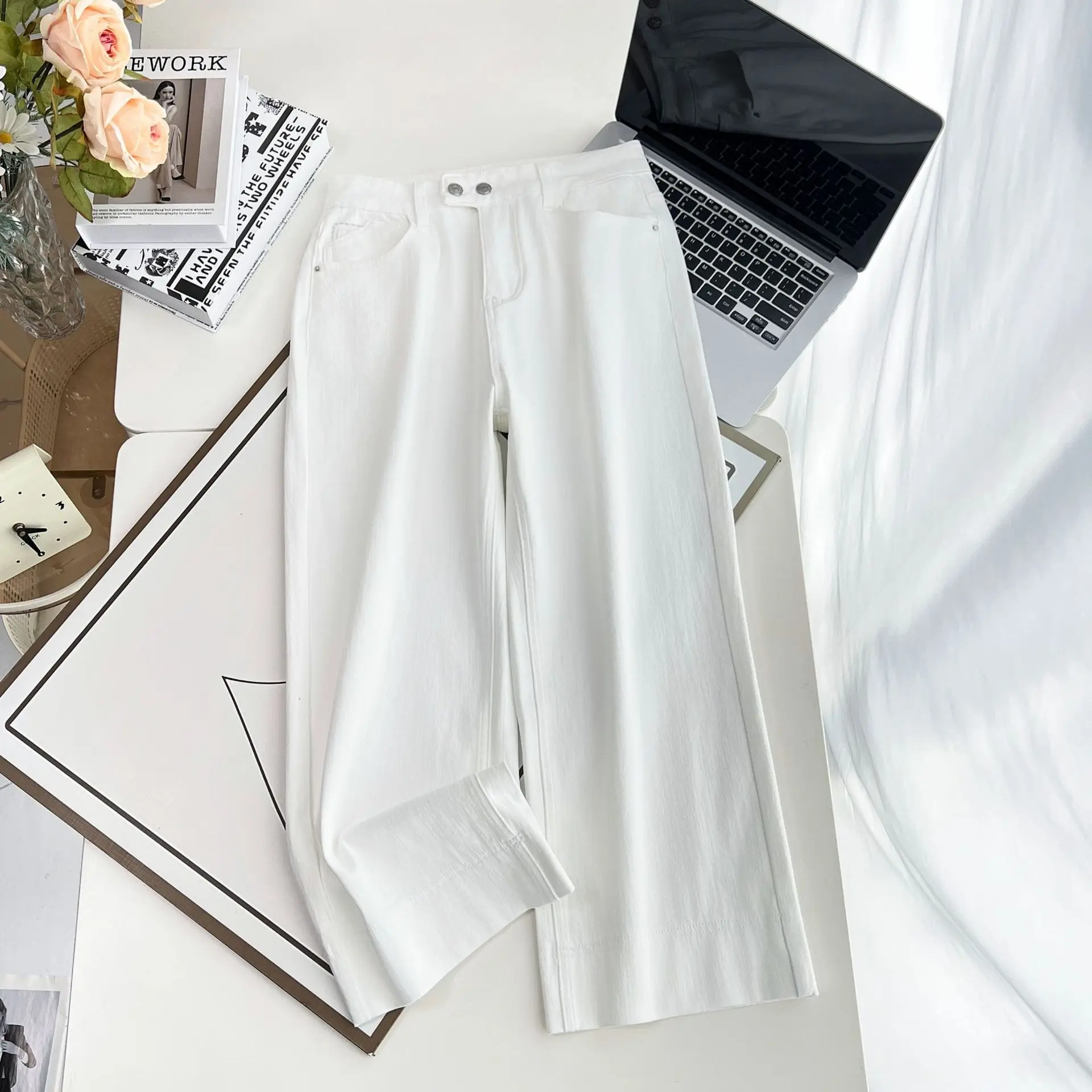 2025 Plus Size Women's Jeans Casual Ankle Style Bottoms 100KG Premium White Denim Straight Leg Pants 5322