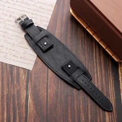 Vintage Cowhide Leather Cuff Watch Band Bracelet for Men - Available in Dark Brown, Black, and Light Brown (20mm, 22mm, 24mm) (Black)