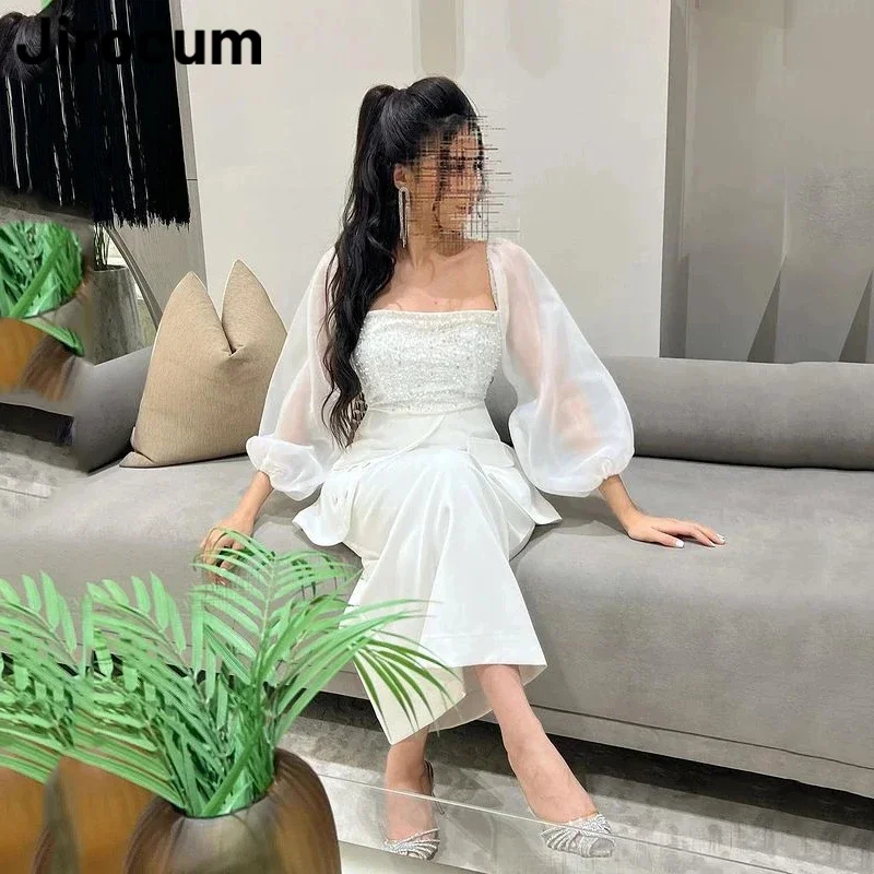 

Jirocum White Square Neck Evening Gown Women's Puff Long Sleeve Party Prom Dress Ankle Length Retro Formal Occasion Dresses 2024
