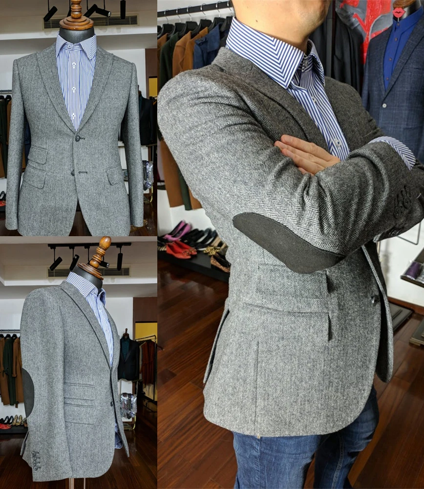 

2022 Vintage Herringbone Tailored Man Jacket Gray Tweed Blazer For Men Patchwork Hombre Slim Fit Custom Made Terno Masculino