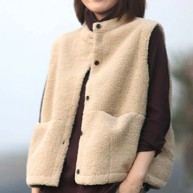 

2023 Winter Women Lamb Hair Short Vest Simplicity Fashion Elegant Casual Warm Jacket Female Thicken Loose Sleeveless Coat
