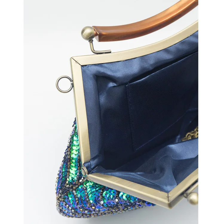 Fashionable Temperament Hand-held Peacock Feather Bead Sequin Bag Exquisite Handmade Retro Evening Dress Ball And Dinner Bag_voghion.com