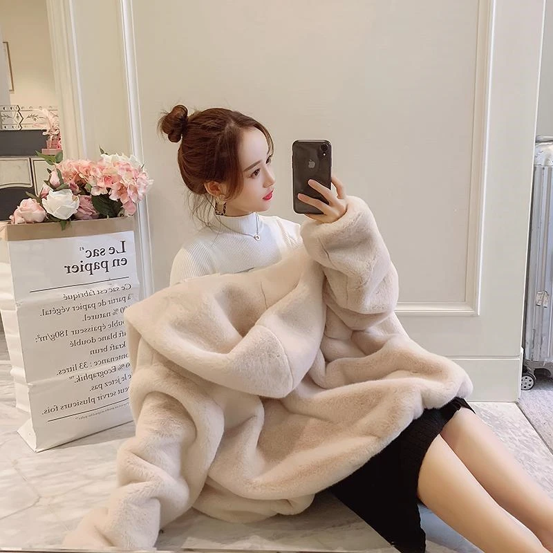 Women Winter Zipper Faux Fur Mink Fluff Coat Loose Sweet Style With Fur Trim Hood Jacket Fashion Thick Warm Fur Short Outerwear