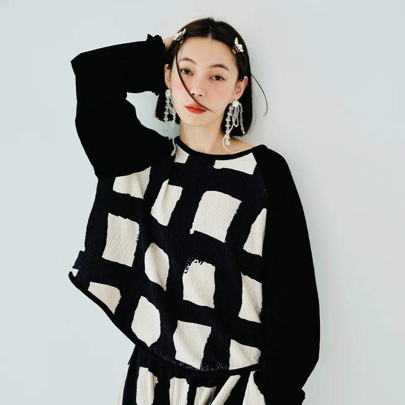 Imakokoni-오리지널 디자인 긴 소매 라운드 넥 풀오버 탑 티셔츠, 가을용 격자 무늬 프린트, 루즈한 패치 워크 여성 티셔츠