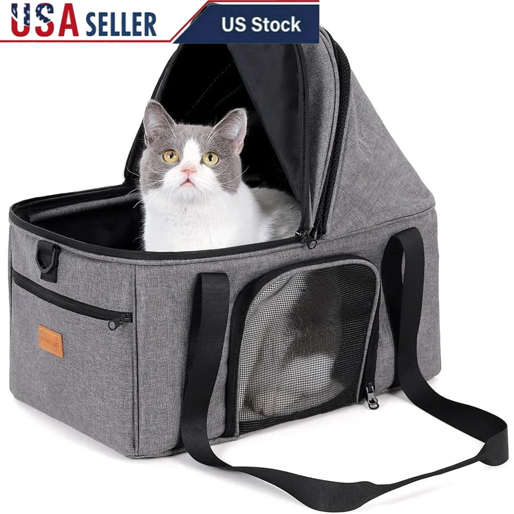 Soft Sided Cat Carrier Large Pet Bag Travel Seat with Semi-open Canopy Washable Cushion Collapsible Design Safety Features