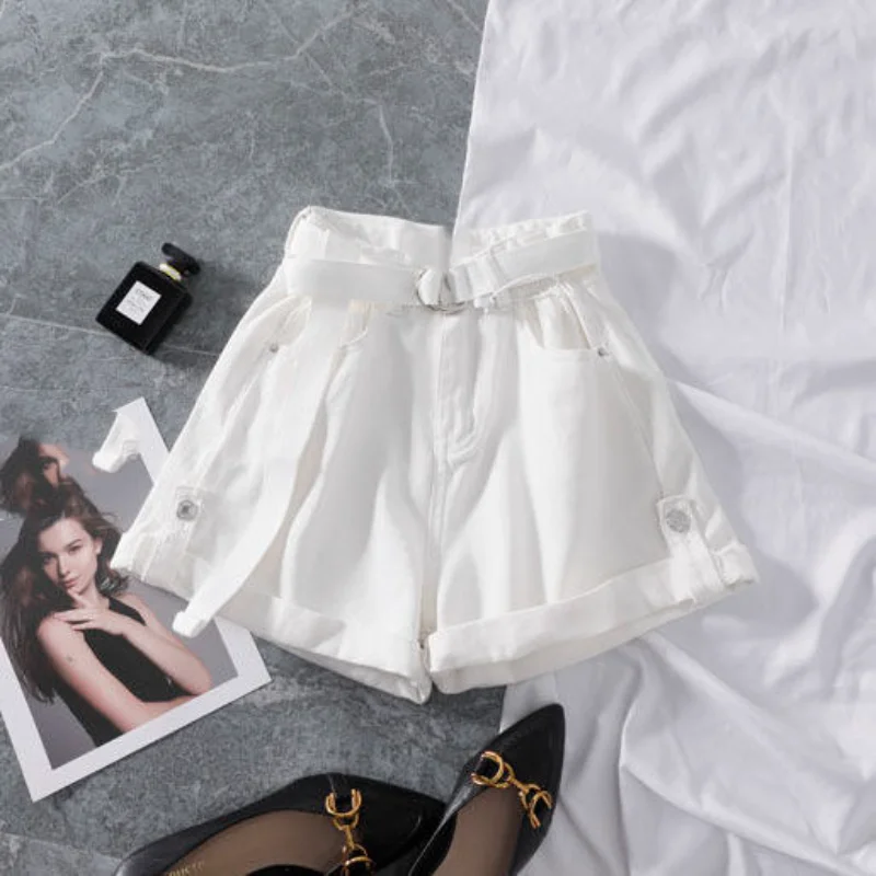 Women Summer Korean New High Waist Casual Fashion Curled Shorts Button Waist Belt Zipper Pocket Versatile Wide Leg Half Pants
